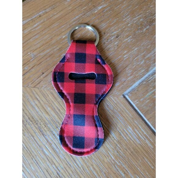 NEW Red & Black Buffalo Plaid Neoprene Chapstick Holder Key Chain and chapstick - Picture 1 of 3